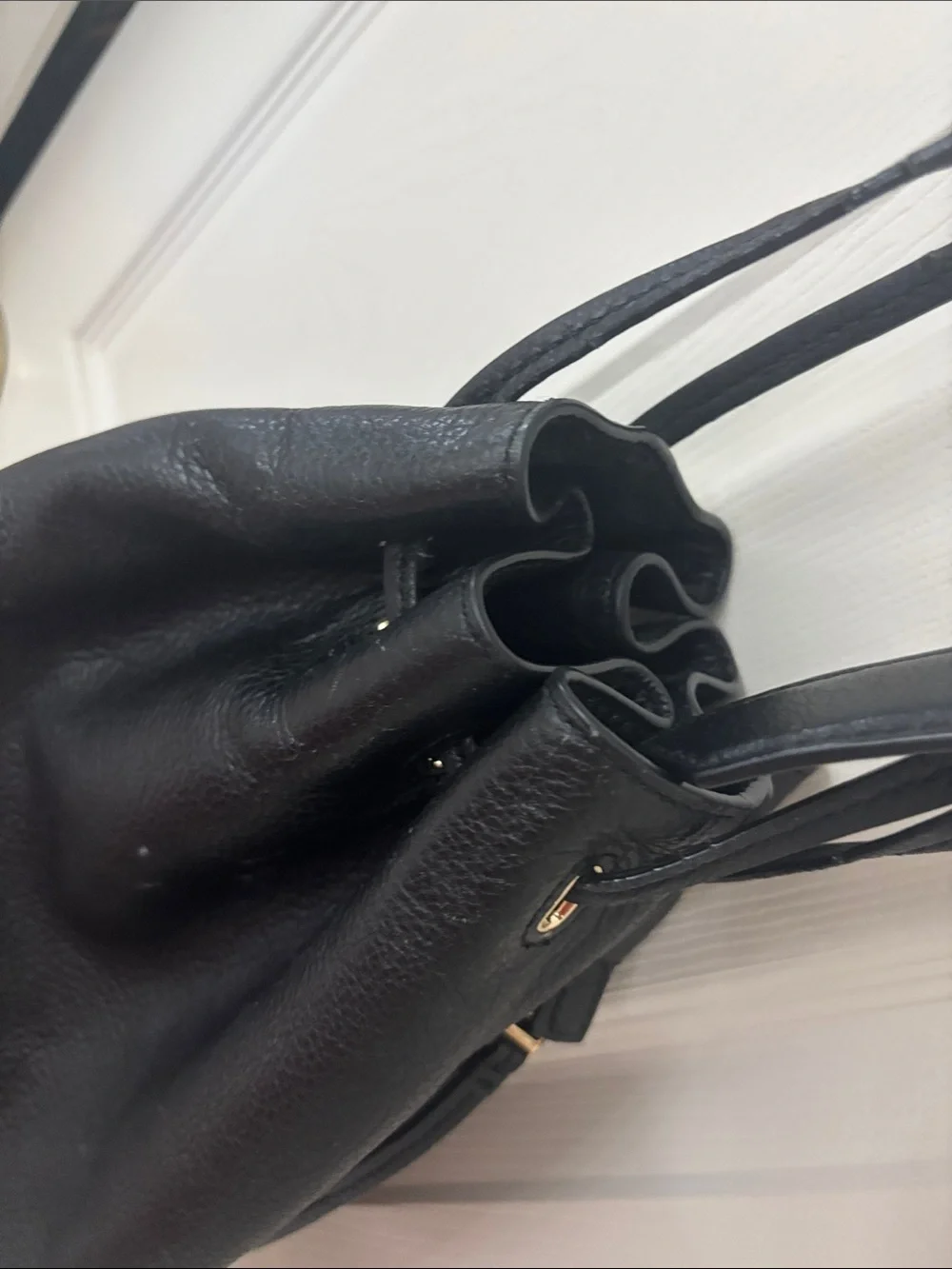 Tory Burch Black Leather Drawstring Shoulder Bag with Gold Logo